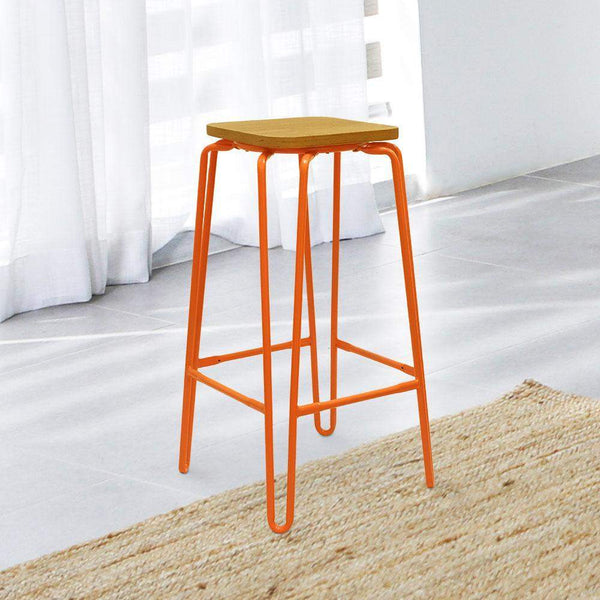 Hairpin Bar Stool with Solid Wood Seat #color_Orange